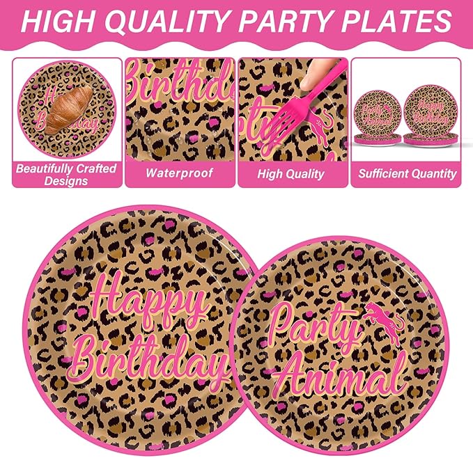 96Pcs Leopard Print Party Decorations Hot Pink Cheetah Print Birthday Themed Tableware Safari Animal Plates Napkins Forks Jungle Leopard Dinnerware Supplies for Baby Shower Birthday Serves 24 Guests