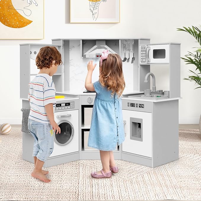 INFANS Corner Kids Kitchen Playset, Toddler Wooden Pretend Cooking Set with Real Running Water Circulation Realistic Light Sound Stove Storage Cabinet Removable Sink Simulation Play Kitchen Toy