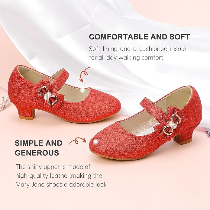 Dufannie Girls Dress Shoes Low Heel Princess Flats Mary Jane Flower Wedding Party Glitter Shoes for Kids Toddler