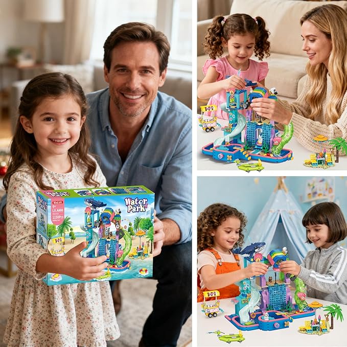 1150Pcs Friends Water Park Building Set, STEM Summer Fun Party Toy with Swimming Pool Slides,Water Canons,Diving Platform,Animal, Pretend Play Kit for kids, Birthday Gifts for Girls Ages 6-12+