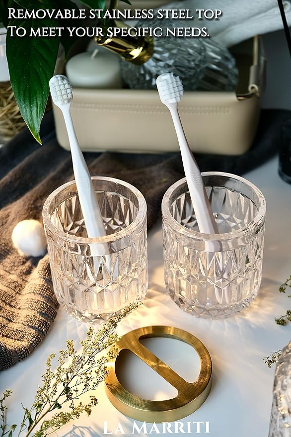 LaMarriti Glass Bathroom Accessories Set, 5pcs Crystal Clear Bathroom Set Accessories, Soap Dispenser, Toothbrush Holder Set, Soap Dish, Tumbler, Qtips Holder for Vintage Bathroom Decor, Gift Set