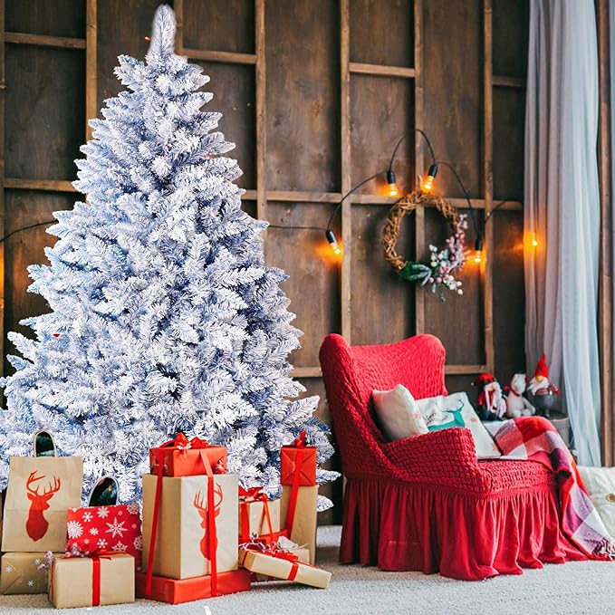 Incbruce 6ft Artificial Christmas Tree, Xmas Tree with 1,000 Branch Tips, Flocked Christmas Tree with Metal Stable Stand Base for Indoor and Outdoor Holiday Decoration(Blue)