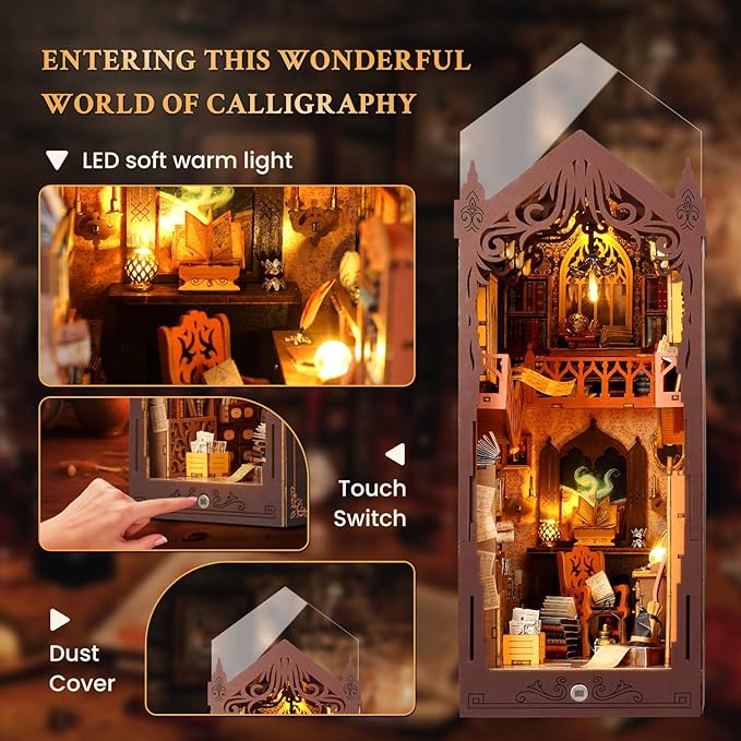 Book Nook Kit, DIY Dollhouse Booknook, Miniature House Kit for Adults and Teens, Library Tiny okshelf Decor, 3D Wooden Puzzle Bookends with Sensor Led Light, Gifts for Family, Friends
