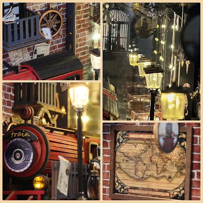 Book Nook Kit, DIY Miniature House Kit for Adults, Dollhouse Booknook with LED Light Gifts for Family, Friends, Magic Train