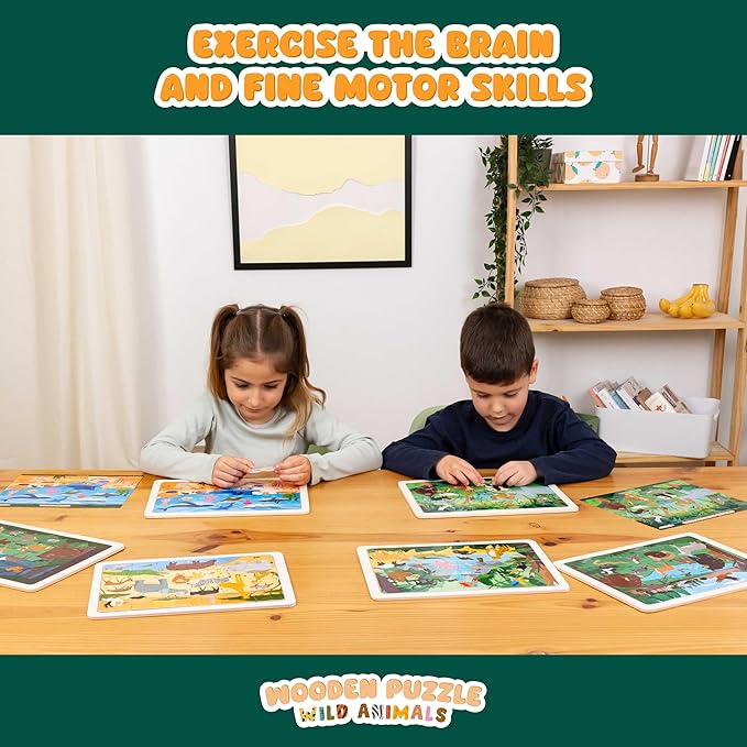 BONNYCO Wooden Puzzles for Kids Ages 4-6 and 3-5. Set of 6 Jigsaw Puzzles 24 Pieces with Board, Animals from Diverse Ecosystems. Educational Toys, Learning Gifts for Boys, Girls