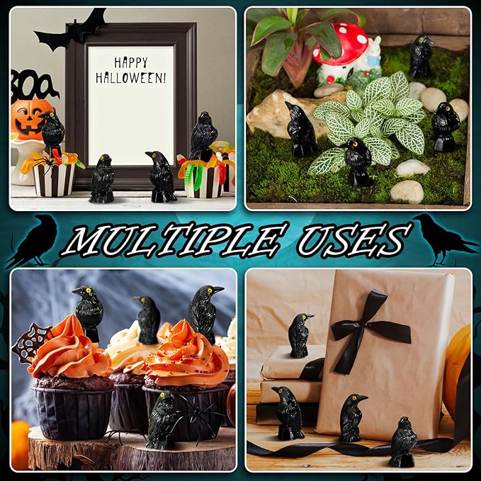 100 Pcs Miniature Crows Decor Mini Resin Crows Figures Black Raven Figurines Tiny Resin Animals for Holiday Scene Micro Landscape Spooky Party Table Decor