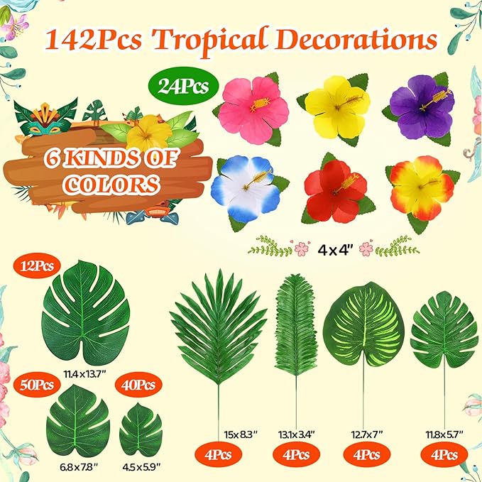 142Pcs Luau Party Decorations Fake Plant Palm Leave Monstera With Stems Hibiscus Flowers Artificial Tropical Leaves for Hawaiian Luau Safari Jungle Beach Wedding Birthday Theme Party Table Decorations