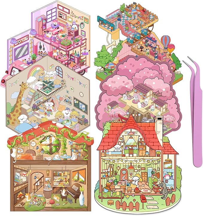 DIY 3D Sticker Scene,6 Sets of Kawaii Miniature Scenic House Stickers,Cozy Room Stickers Therapy Scenes for Adults and Kids Stress Relief Pass The Time and Gifts (Z-1)