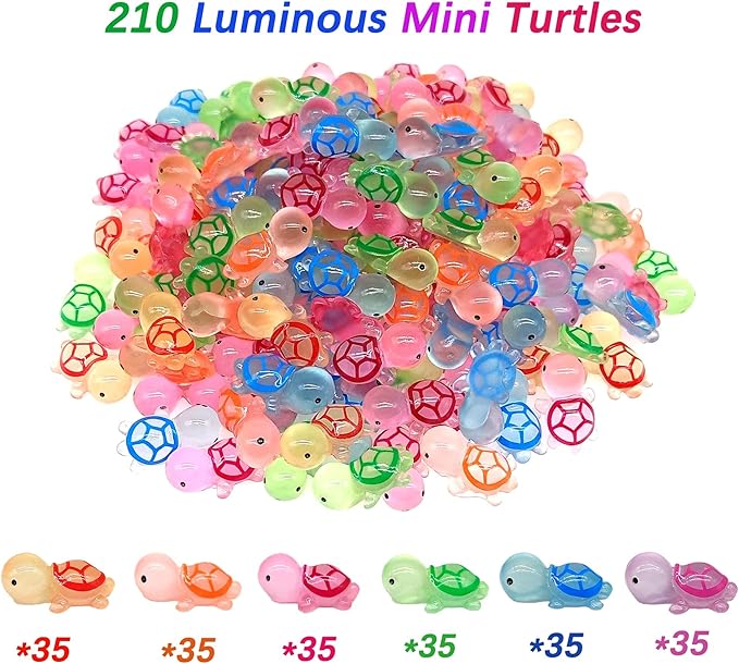 210 Pcs Luminous Mini Turtles Figurines Glow in The Dark Tiny Resin Turtles Sea Creatures Tortoise Ocean Animals for Miniature Garden Decoration