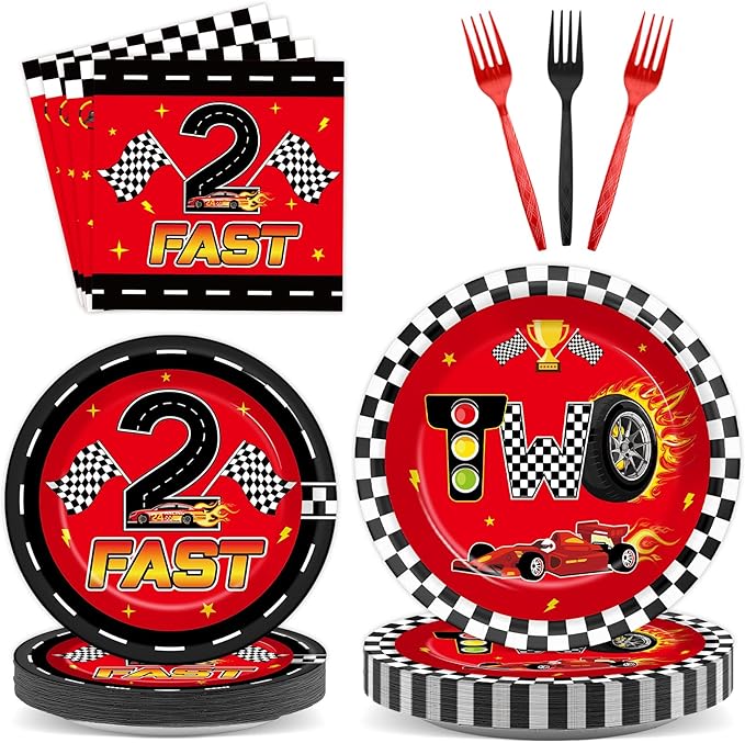 96 Pcs Race Car 2nd Birthday Party Supplies Hot Car Checkered Tableware Set Two Fast Table Decoration Racing Themed Plates Napkins and Forks for 2nd Boys Kids Birthday Baby Shower Serve 24