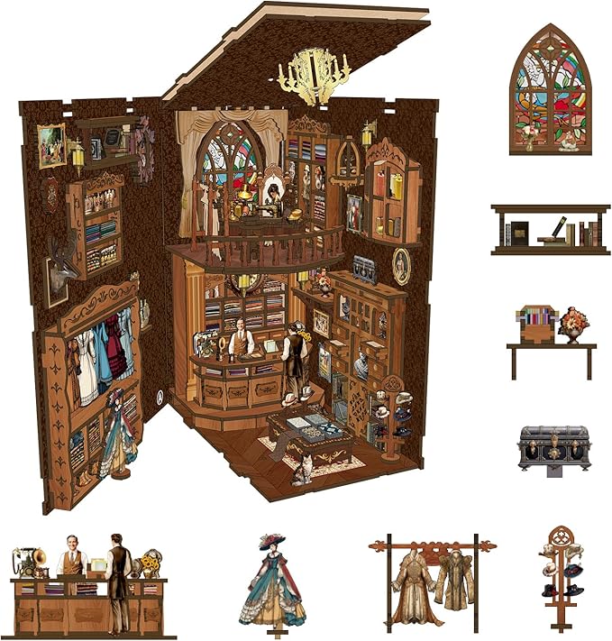 Book Nook Kit - DIY Miniature Dolls House Kit with Furniture and LED Light, 3D Puzzle Wooden Art Bookends, Model Kits for for Adults and Teens (Royal Tailor Shop)