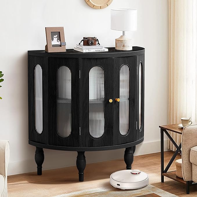 31'' Sideboard Buffer Cabinet with Storage, Semi-Circle Modern Accent Storage Cabinet with Wooden Finish & Acrylic Doors, Console Table for Living Room Entryway Hallway (Black)