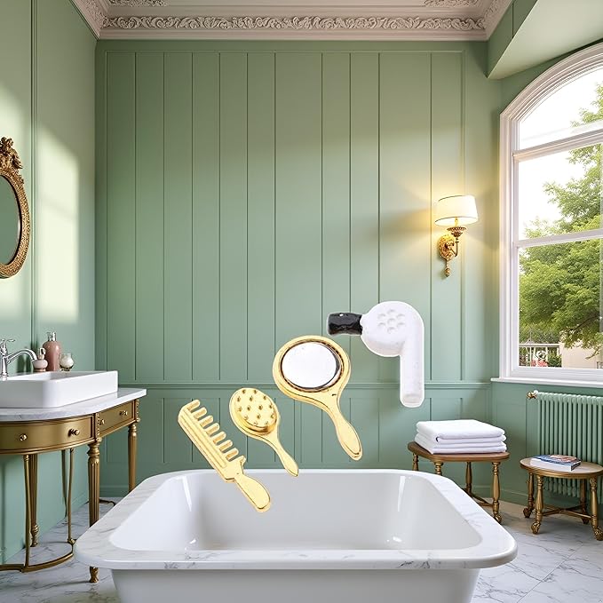 4Pcs Dollhouse Miniature Bathroom Set with Hair Dryer,Miniature Comb Hair Dryer Mirror Makeup Set /12 Dollhouse Decorations,Dollhouse Furniture,Dollhouse Accessories