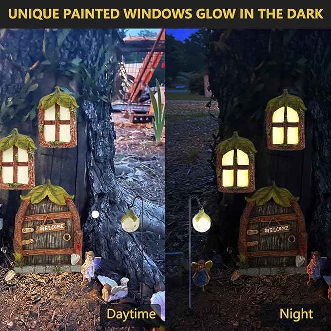 Jauay Miniature Fairy Garden Accessories Fairy Door and Windows for Trees, Glow in The Dark Yard Sculpture Lawn Ornament Mini Garden Art Outdoor Decor Accessories with Lantern