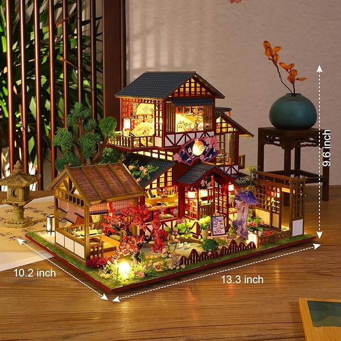 GuDoQi DIY Miniature Dollhouse Kit, 1:24 Scale Tiny House with Music Plant, Model Craft Kit for Adults, Great Handmade Gift for Birthday Christmas Day, Japanese Villa Courtyard