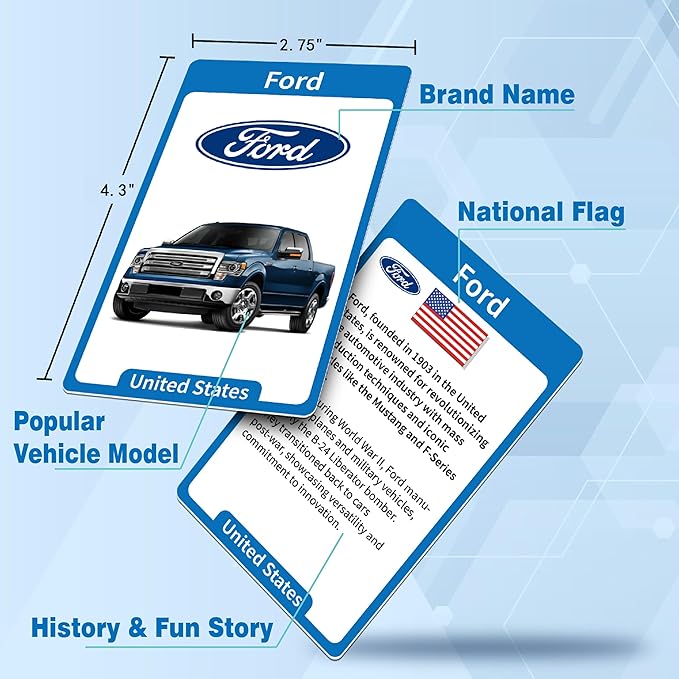 76 Car Motorcycle Truck Brands and Logos Flash Cards, Overview Chart, History, Fun Story Small Gift for Boy