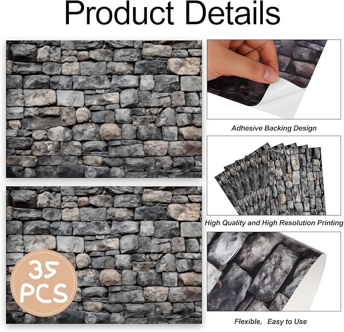 35 Pcs Miniature Dollhouse Wallpaper Self-Adhesive Mini DIY Floorboards Wall Paper Real Life DIY Decoration for Dollhouse (Brick Gray)