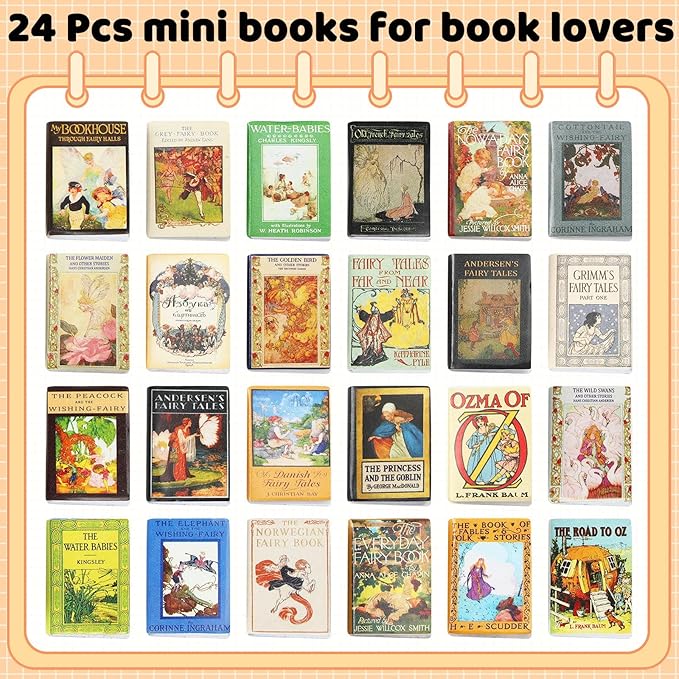 Mini Fairy Books, 24pcs 1:12 Scale Miniature Books, Dollhouse Books, Tiny Books for Dollhouse Accessories, Vintage Mini Bookshelf Decor, Miniatures Collectors