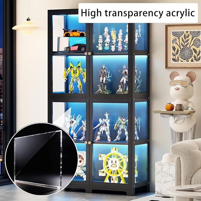 Display Cabinet with Acrylic Doors, 4-Tier Curio Display Case, Transparent Bamboo Curio Display Case for Figures, Storage Cabinet for Collectibles, Bedroom, Office, Playroom