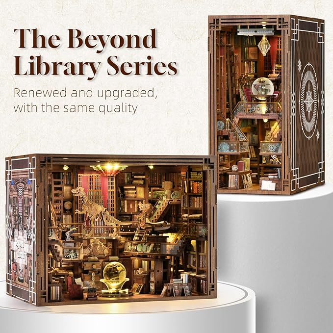 DIY Book Nook Library Kit, Miniature Dollhouse Booknook Kit, 3D Wooden Puzzle Bookend Bookshelf with LED Light for Teens and Adults (Beyond Library Max)