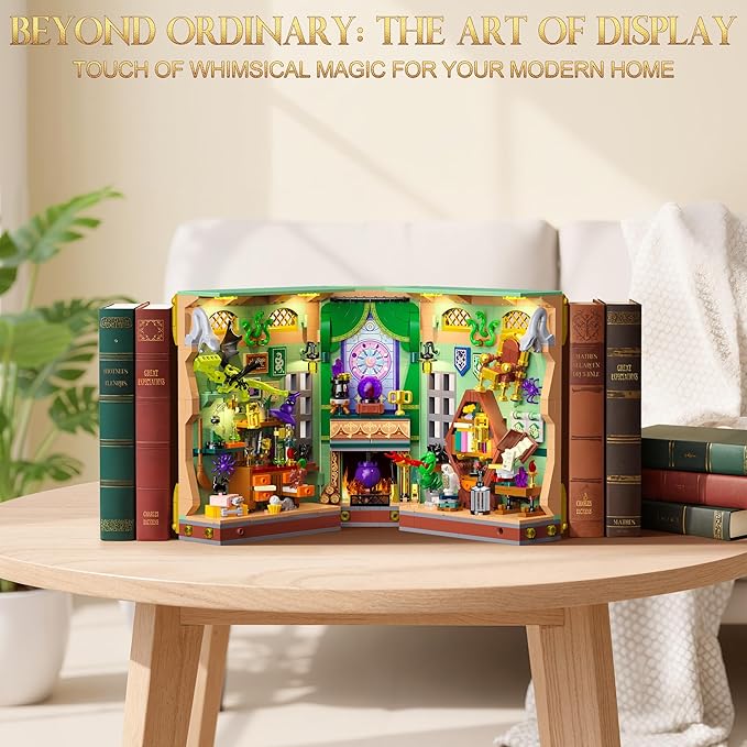 Book Nook Building Kit with LED Lights, 1033 PCS Magic Academy Booknook 3D Miniature House Model for Bookshelf Bookend Home Decor, Christmas for Adults Kids Age 8+