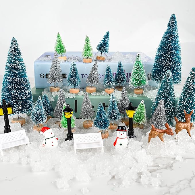 BOUBONI Mini Christmas Tree 35PCS Christmas Village Sets with Crafts Reindeer Snowmen Benches Street Lamp for Xmas Decorations Indoor Party Home Table Craft (Multicolor)