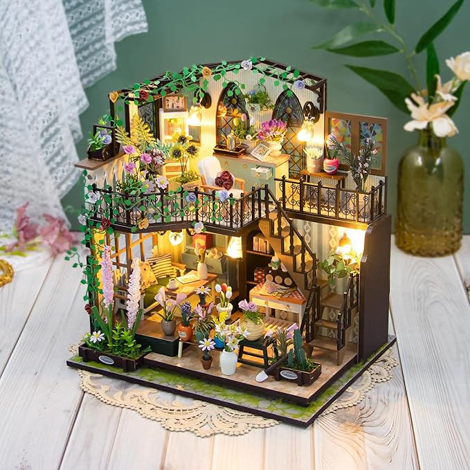 DIY Miniature House Kit, Fairy Dollhouse for Adults to Bulid,Tiny Home Making Kit with Wooden Furniture and LED, Halloween Decoration for Family and Friends (Darcy Flower House)