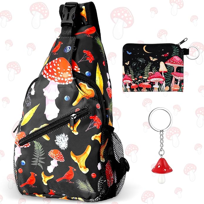 Paterr 3 Pcs Mushroom Gifts Stuff Decor Mushroom Sling Bag Backpack Keychain Purse Christmas Accessories for Women Hiking Lovers Birthday