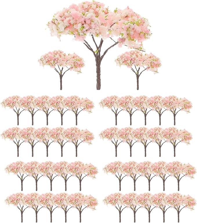 LOGOFUN 30pcs Miniature Cherry Blossom Trees Mini Pink Flower Model Trees Train Railway Architecture Diorama Tree for DIY Landscape Sand Table Decor