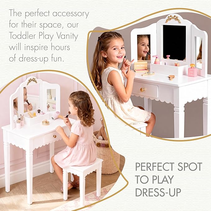 Spirich Kids Vanity Set with Mirror and Stool, Kids Make Up Vanity Desk for Little Girls, Children Makeup Dressing Table with Drawer