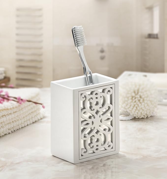 Creative Scents Mirror Janette White Bathroom Accessories Set - Decorative 4 Piece Bathroom Set - Mirrored Bathroom Accessory Set Includes: Soap Dispenser, Toothbrush Holder, Tumbler and Soap Dish