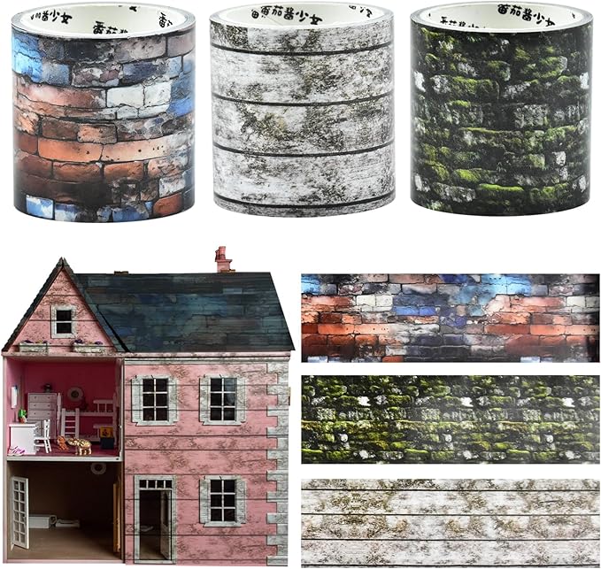 3 Rolls Miniature Dollhouse Wallpaper and Flooring Peel and Stick Mini Moss Brick Tape Stickers DIY Self Adhesive Dollhouse Accessories