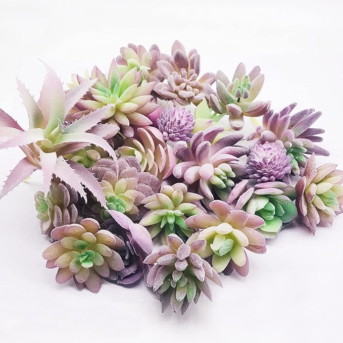 Woohome 25 PCS Artificial Succulent Plants, Purple Fake Succulent Unpotted Faux Succulent Assortment in Flocked in Different Type for Birthday Home Decor Indoor Wall Garden DIY