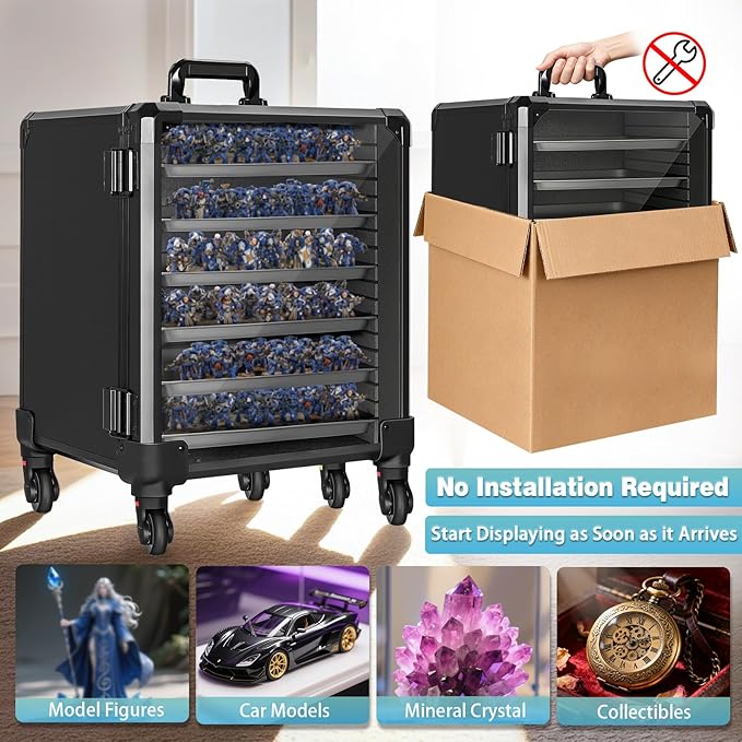 Miniatures Storage Case Miniatures Transport Case Aluminum Alloy Frame Display Case with Lock and Trolley (Large Size)