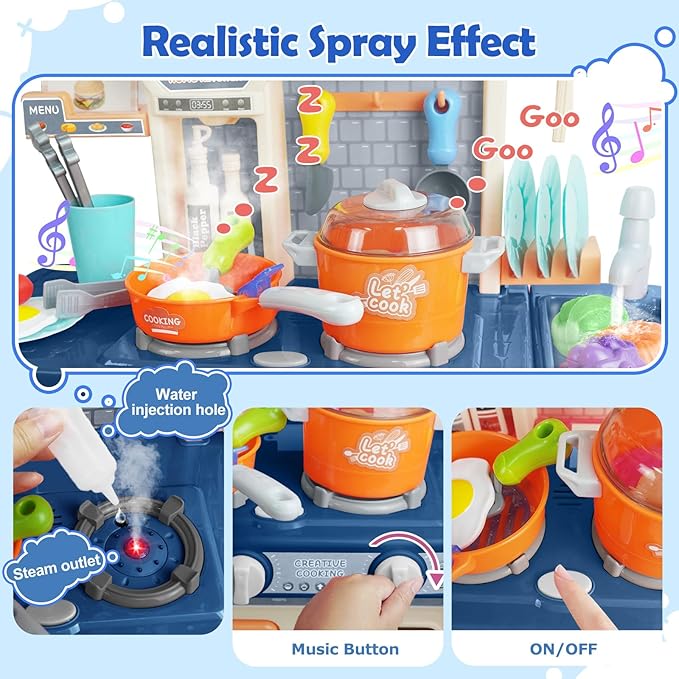RedCrab Kids Kitchen Playset Toys, Simulate Mini Kitchen with Light and Sound, Food Toys & Kitchen Accessories, Multi-Functional Cooking Assistant, Pretend Toy Set for Toddlers 3-8(Blue)
