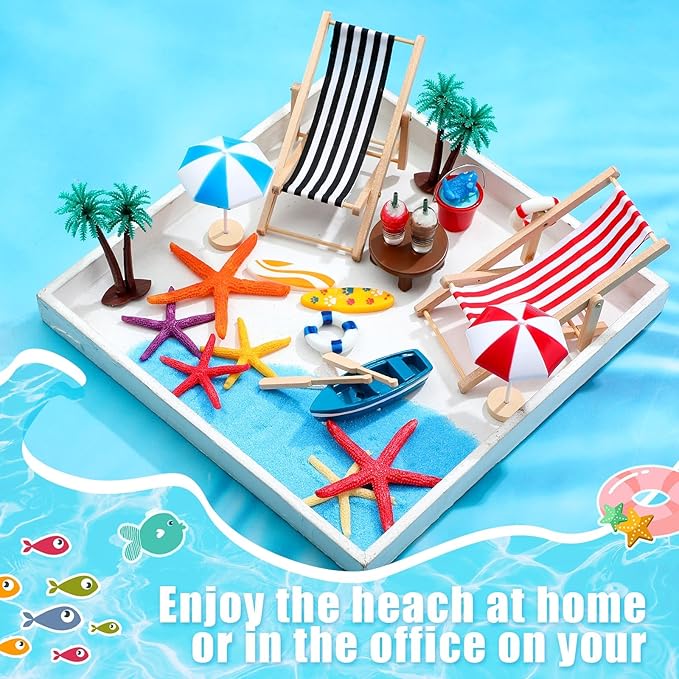 Minatee 25 Pcs Beach Miniature Dollhouse Decoration, Umbrella Palm Chair Miniature Toys Garden Dollhouse Outdoor Accessories Beach Decorations for DIY Garden Plant Pool(Red, Black)