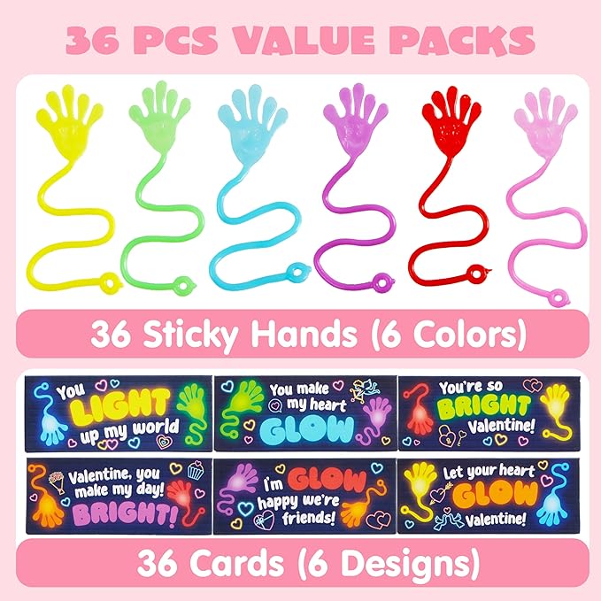 JOYIN 36 Packs Valentine Day Glow Sticky Hands with Card Headers for Kids Party Favor, Classroom Exchange Prizes, Valentine’s Day Greeting Cards, Party Favors and Exchange Gifts
