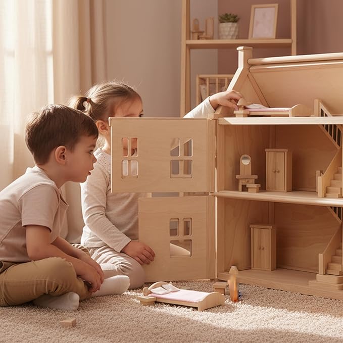 PlanToys® Classic Dollhouse Bedroom Furniture Set | Eco-Friendly Wooden Dollhouse Accessories for Kids | Includes Bed, Closet, Vanity, Chairs & Lamp | Pretend Play Montessori Toy