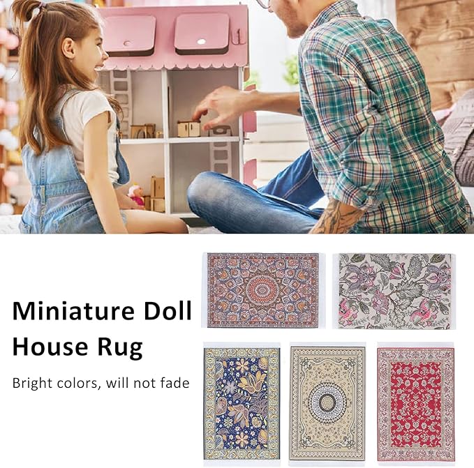 5Pcs Doll House Rug, 1/12 Floral Print Miniature Carpet, 6.3x3.8in Miniature Rugs for Doll House, Woven Fabric Miniatures Floor Blanket for Mini Furniture Decoration