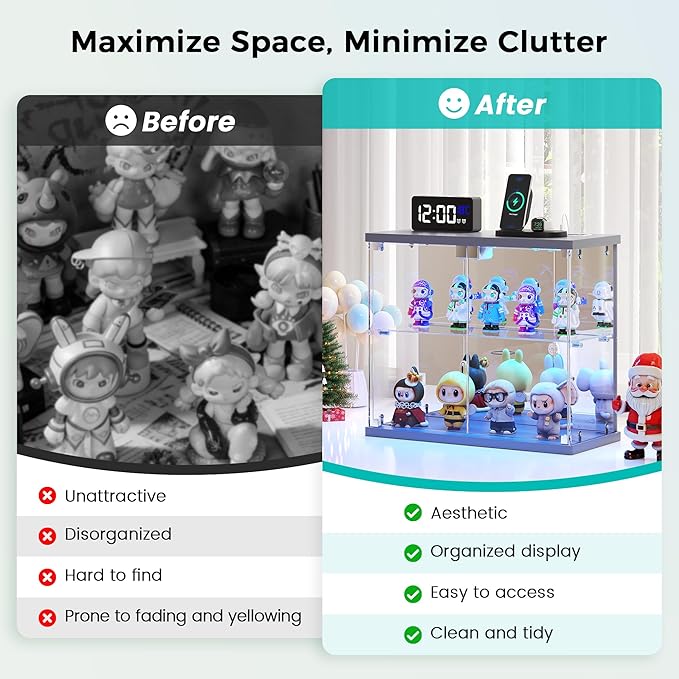 2pcs LED Clear Glass Display Case - for Figures & Collectibles, Small 2-Tier Display Cabinet with Charging Station, Display Box with Lights & Human Sensor, for Model Car, Perfume, Grey