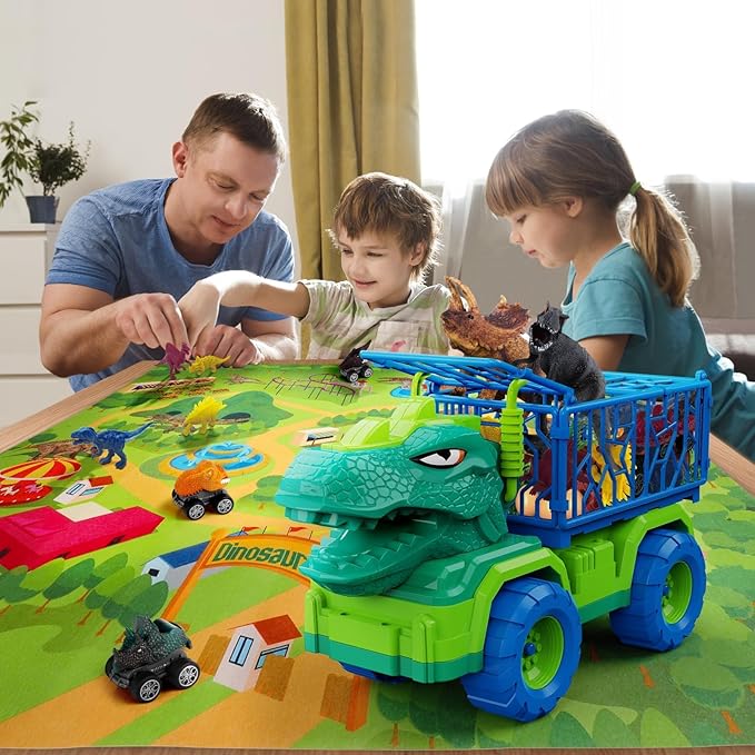 19 in 1 Dinosaur Toys for Kids 3-5 5-7, Dinosaur Truck Set for Toddlers with 3 Pull Back Cars, 8 Dino Figures, Christmas and Birthday Gifts Toy for 3 4 5 6 7 Years Old Boys and Girls