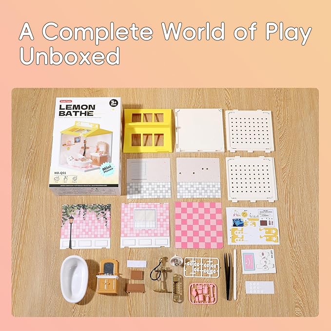 DIY Miniature House Play Kit,Playhouse Toys for Boys and Girls, Home Scene Toys, Suitable for Children Aged 345678, immersive Experience of Life Scenes (Sweet Bubbles Bathroom)