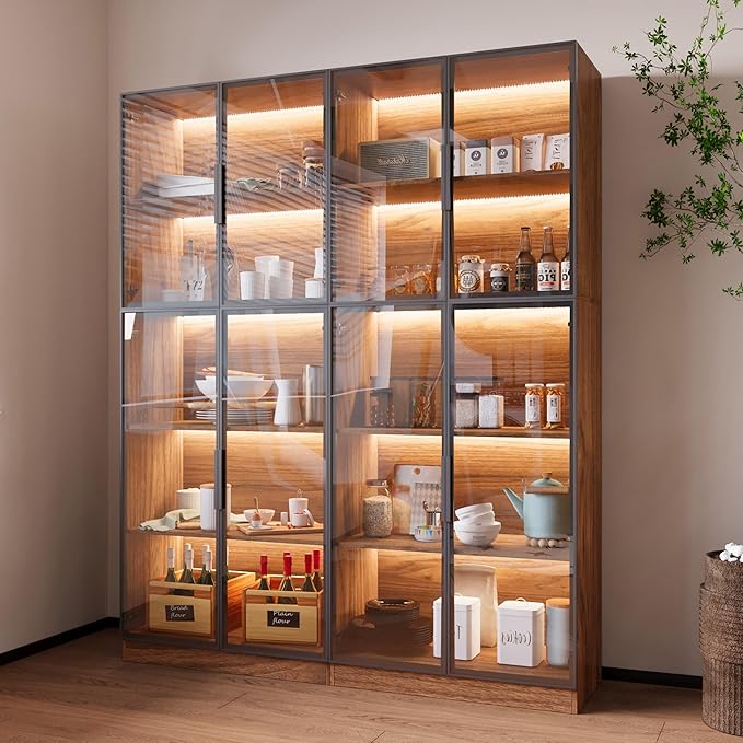 2-Piece Display Cabinet with Glass Doors and Lights, Large Modern Storage Cabinet with 5-Tier Shelves, Trophy Case for Collectibles Living for Room Home Office, Walnut (63" W)