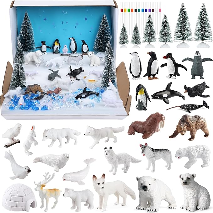 Entollar 40 Pcs Arctic Animal Figurines Set, Complete School Projects Polar Animals Diorama Kit with Bear, Penguin, Fox, Walrus, Reindeer, Trees & Fake Ice, Preschool Educational Toys Birthday Gift