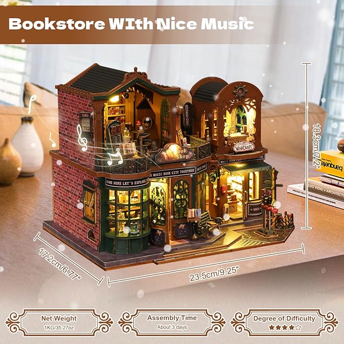 DIY Miniature House Kit, Mini 3D Wooden Books Shop Building Kit, Tiny Dollhouse Kit with Dustproof Cover & Music Movement, Creative Handmade House Craft, Gift for Adults Teens Family Friends