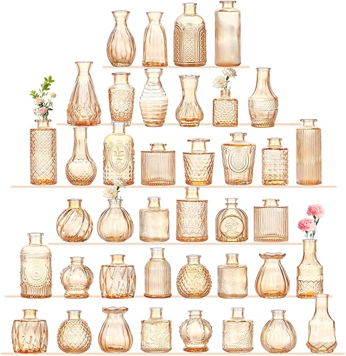 Amber Glass Bud Vases Set of 40, Mini Flower Vase for Centerpieces, Small Gold Bud Vases in Bulk for Wedding Decorations,Vintage Vase for Table, Home Décor,Party Decor, Anniversary