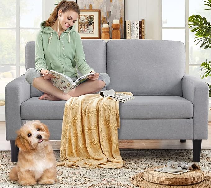 asunflower Small Loveseat Sofa 52Inch Couch for Small Spaces, Comfy Linen Fabric 2 Seater Sofa Office Couch Tool-Free Assembly Love Seats for Bedroom,Drom Room,Kid's Room,Light Grey