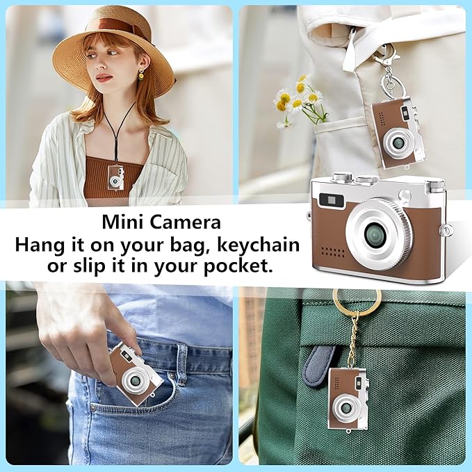 Mini Keychain Camera, 1080P Video Recorder, 0.96'' Display 12MP Retro Compact Tiny with 16GB SD Card, USB Adapt, 200mAh Battery, Lenane Digital Camera for Kids, Students, Travel, Daily (Brown)