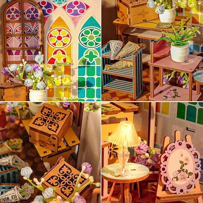 Book Nook Kits for Adults, Miniature House 3D Puzzle Kit for Teens, DIY Crafts for Adults, Bookshelf Decor Garden House with LED Light, Gifts for Family and Friends