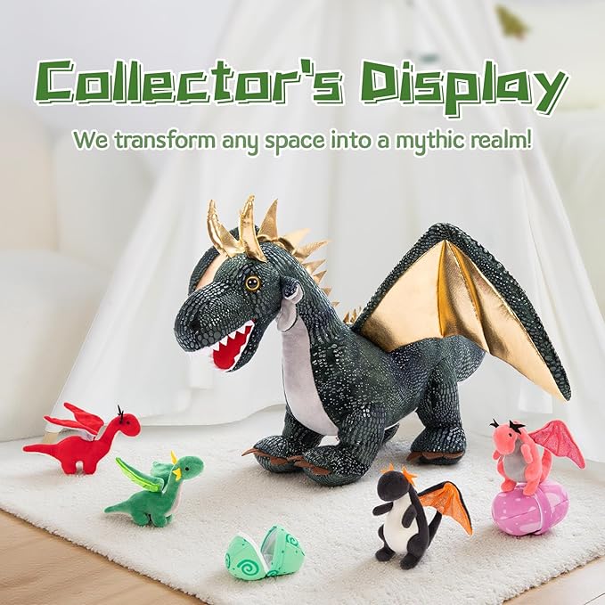 7Pcs Giant Dark Green Dragon Plush Toy, 21.7" Big Mother Dragon Stuffed Animal with 4 Babies & 2 Eggs, Stuffed Dinosaurs for Kids Boys Girls, Cute Soft Plushies Gift for Birthday Christmas